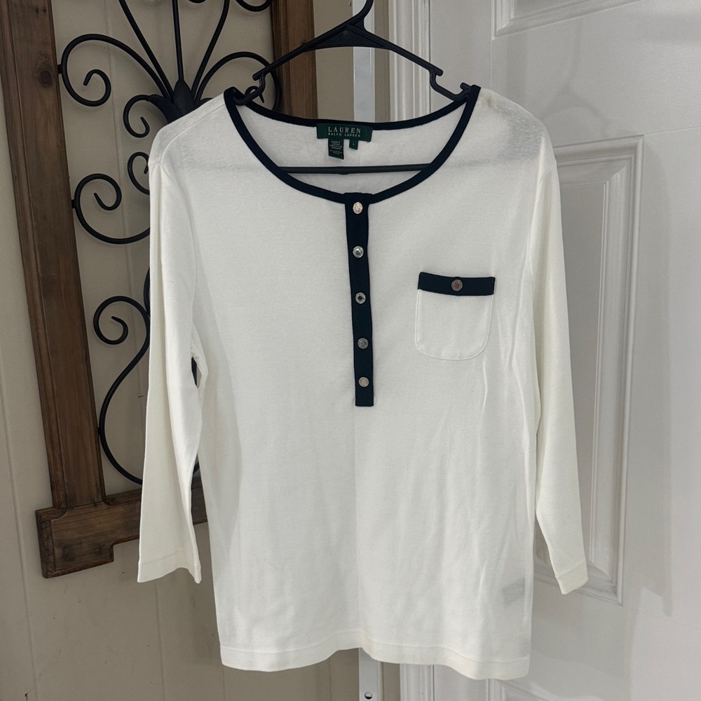 Lauren Ralph Lauren White Long Sleeve Henley Top with Navy Trim